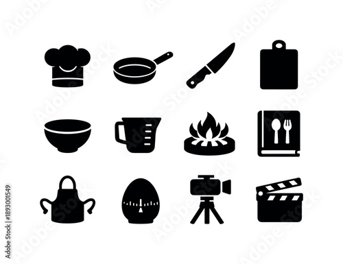 Cooking Show Icons. Cooking Show. Solid icon set of Cooking Show: chef hat, frying pan, kitchen knife, cutting board, mixing bowl, measuring cup, stove burner,