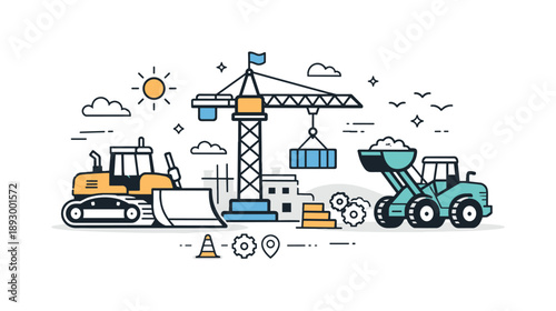 Modern Machinery Harmony. Heavy machinery concept scene. Bulldozers, cranes, and loaders appear together, symbolizing infrastructure, development,