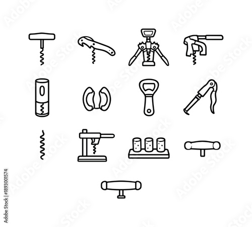 Cork Tools Icons. Cork Tools. Line icon set of Cork Tools: corkscrew, waiter's friend opener, wing corkscrew, lever cork remover, electric cork opener, foil