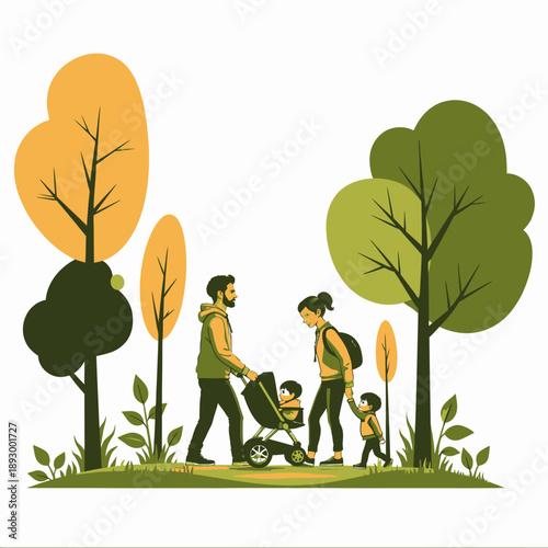 Young family strolling with children through a vibrant autumn park, surrounded by colorful trees and lush greenery, enjoying a peaceful nature walk together