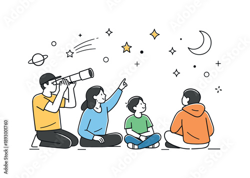 Stargazing Discovery. People observing stars together. One person holding a simple telescope while others watch the sky, feeling of discovery and shared