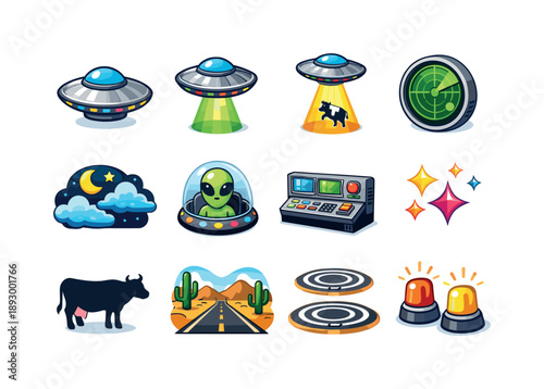 UFO Vector Icons. UFO. Colorful isometric vector icons set of UFO: flying saucer, tractor beam, abduction light, radar screen, night sky clouds, alien pilot,