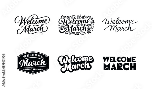 Spring Lettering Styles. Spring Welcome March Script. Set lettering. harmonious lettering variations of the same emblematic concept, each with different