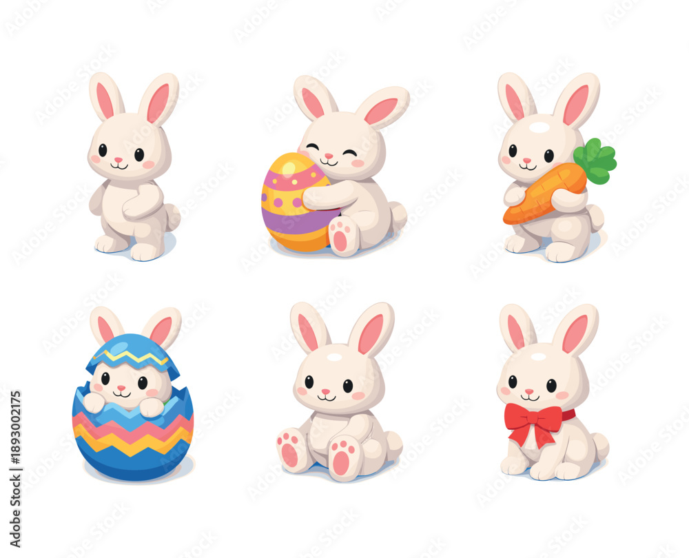 Fototapeta premium Easter Bunny Icons. Easter bunny mascots. Isometric flat vector icons set of Easter bunny mascots: cute bunny standing pose, bunny hugging egg, bunny with