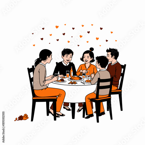Illustration of a family gathering around a table to enjoy a meal, sharing laughter and joy, with heart shapes floating above symbolizing love and togetherness