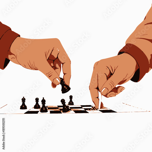 Close-up of Two Hands Intently Moving Chess Pieces on a Classic Black and White Checkered Board in a Competitive Strategy Game