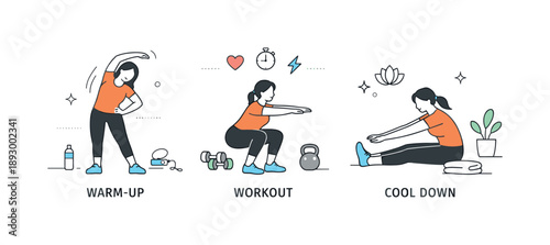 Daily Fitness Sequence. Daily fitness routine. A sequence-style scene showing warm-up, exercise, and cooldown moments. The mood is structured, achievable, and
