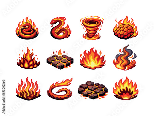 Fiery Serpent Icons. Writhing serpents in fire. Colorful isometric vector icons set of Writhing serpents in fire: coiled serpent flames, blazing