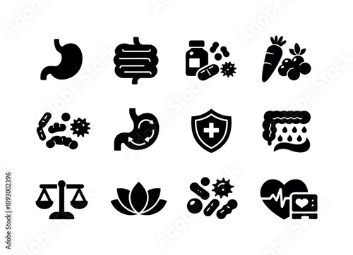 Microbiome Health Icons. The exploration of the human microbiome gut health. Solid icon set of The exploration of the human microbiome gut health: stomach