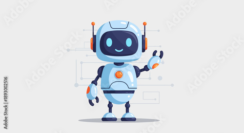 Friendly cartoon style light blue and white robot character waving hello with happy digital eyes and small orange accents.
