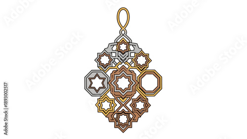Ornate geometric pendant design featuring intricate interlocking star and octagonal shapes in mixed metallic tones