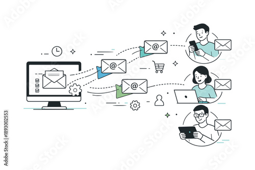 Efficient Email Automation. Email marketing automation. Automated emails flowing from a screen to multiple recipients, smooth and organized process. Sense of