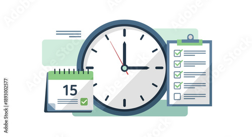 Simple flat illustration depicting essential time management tools including a clock, calendar date, and completed task checklist for scheduling.