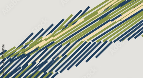 Abstract composition featuring diagonal lines in shades of olive green, navy blue, and pale yellow creating dynamic motion against a light background.