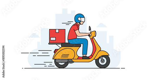 Cartoon delivery person riding a yellow vintage scooter quickly transporting a red package through an urban setting illustration