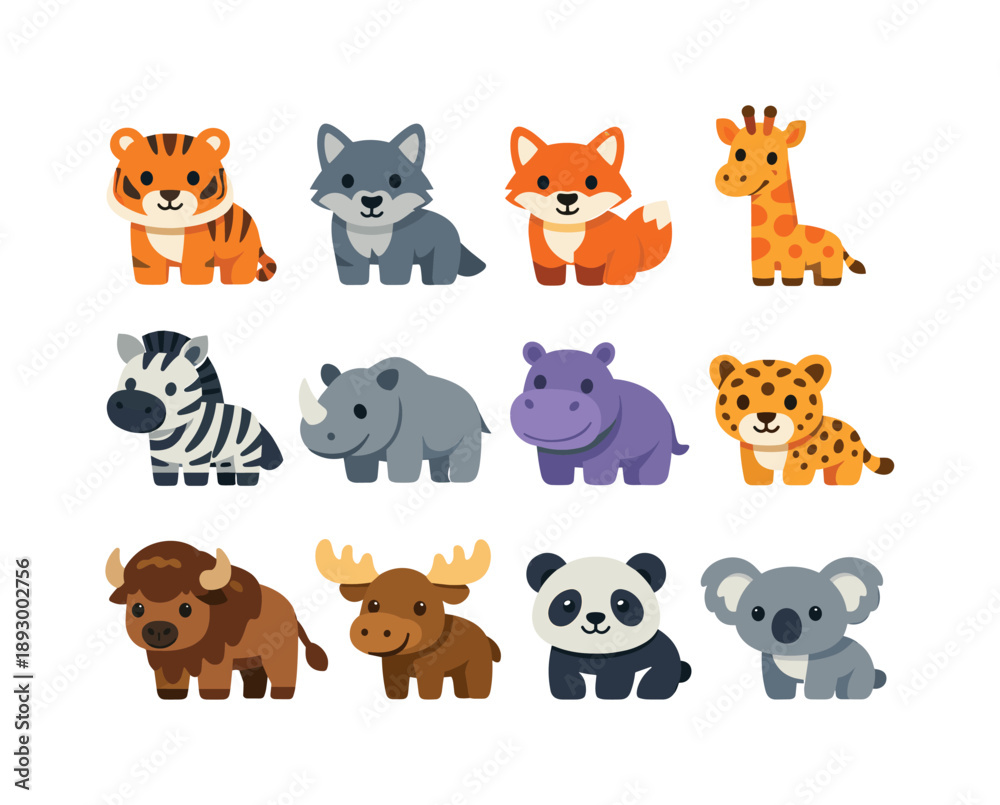 Fototapeta premium Colorful Wild Mammal Icons. Wild mammals. Colorful flat vector icons set of wild mammals: tiger, wolf, fox, giraffe, zebra, rhinoceros, hippopotamus, leopard,