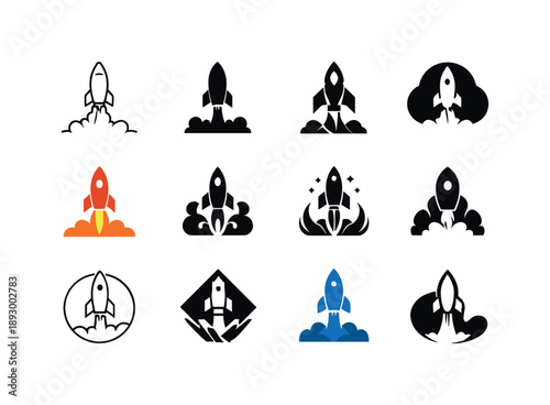 Rocket Logo Variations. Rocket blast-off. Icon set. Set Logo of rocket blast-off: launching rocket silhouette. harmonious logo variations of the same