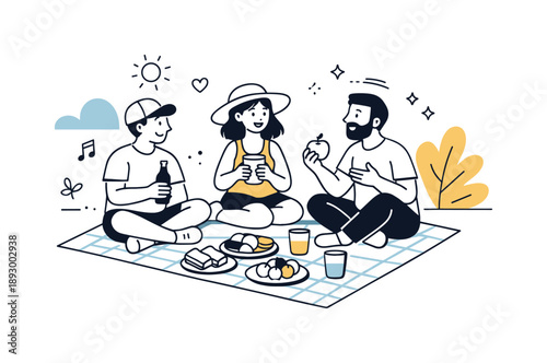 Simple Picnic Joy. Outdoor leisure scene. People having a simple picnic, sitting on a blanket with snacks and drinks. Warm, relaxed atmosphere and everyday
