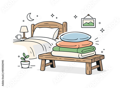 Cozy Rustic Retreat. Cozy rustic bedroom detail. A sturdy wooden bench complements the bed, with folded blankets or pillows resting on top. The illustration