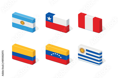 South American Flags. Global Holidays World Flags. Isometric flat vector icons set of Global Holidays World Flags: Argentina flag, Chile flag, Peru flag,