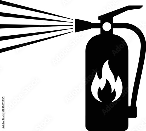 Silhouette fire extinguisher icon with spray and flame symbol vector design