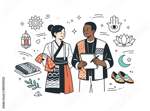 Fusion Fashion Trends. Cultural influences in fashion. Designers blending traditional patterns with modern clothing silhouettes, showing inspiration across