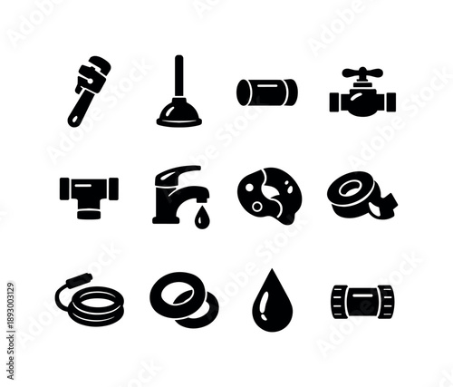 Plumbing Tools Icons. Hands-on job. Solid icon set of plumbing tools: pipe wrench, plunger, pipe section, water valve, T-joint, faucet head, pipe cutter,