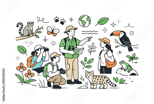 Nature Exploration Adventure. Biodiversity hotspots exploration. Travelers observing rare plants and animals with a guide in a protected natural area, focusing