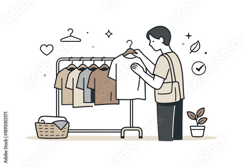 Conscious Fashion Selection. People choosing clothes consciously. A person carefully selecting a simple garment from a small curated rack, showing mindful