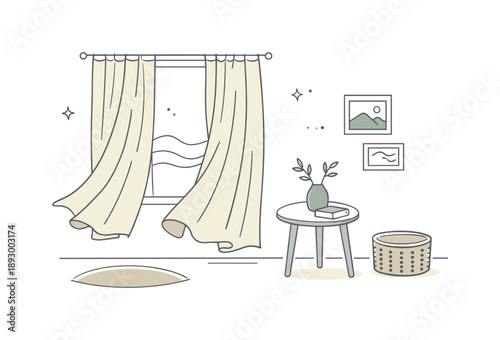 Minimalist Linen Interior. Linen fabric textures. A minimalist interior with linen curtains flowing softly by a window, expressing natural light, movement, and