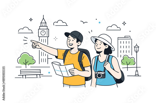 City Tour Enthusiasts. Travelers sightseeing city. One traveler pointing at a building while explaining something to a companion. Friendly interaction,