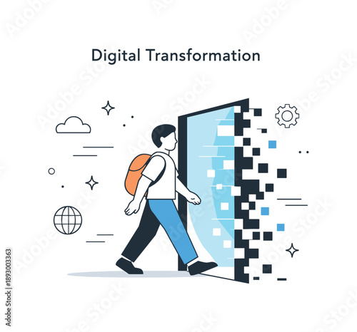 Digital Entryway. Digital Transformation. Abstract character walking through a doorway made of pixels and lines, symbolizing entry into a digital era. Calm
