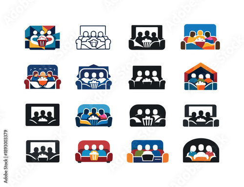 Cozy Movie Night Icons. Friends enjoying a cozy movie night at home with popcorn and blankets. Icon set. Set Logo of Friends enjoying a cozy movie night at