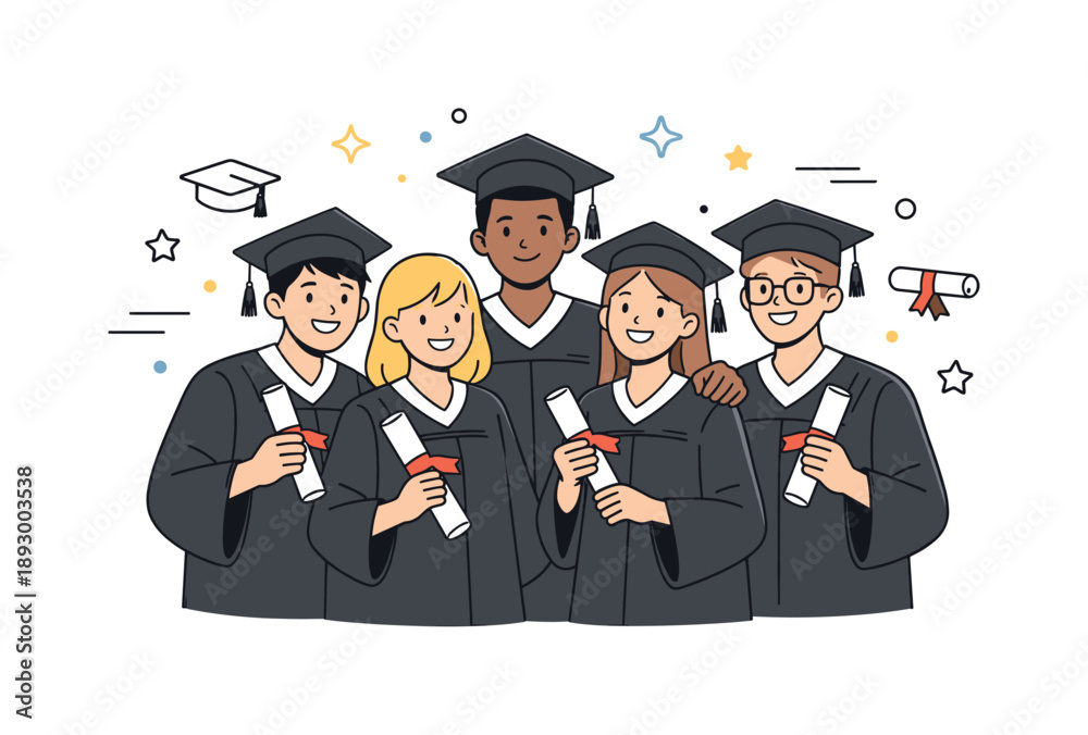 Obraz premium Graduation Celebration Smiles. Graduation day group photo. A small group of graduates standing together, holding diplomas and smiling. Warm memories and shared