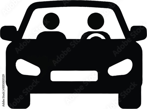Black silhouette of a car with two passengers sitting inside, front view vector illustration on transparent background