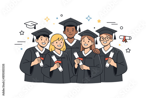 Graduation Celebration Smiles. Graduation day group photo. A small group of graduates standing together, holding diplomas and smiling. Warm memories and shared