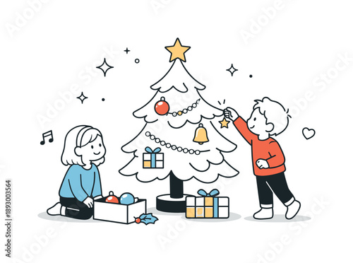 Festive Ornament Delight. Children hanging ornaments final touch. A child placing a small ornament on the last empty branch. Sense of completion and gentle