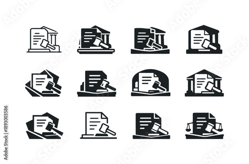 Judge's Decision Icons. judge?s decision written on paper. Icon set. Set Logo of judge?s decision written on paper: courtroom desk document. harmonious logo