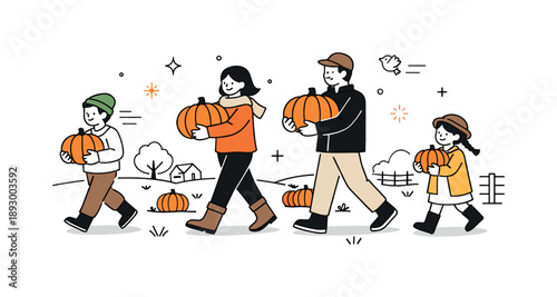 Autumn Pumpkin Harvest. Autumn pumpkin patch visit. People carrying pumpkins across an open field, calm movement and sense of seasonal tradition. Minimalist