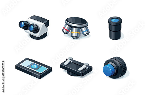 Microscope Icon Grid. Microscope close-up. Isometric flat vector icons set of microscope close-up: optical microscope head, objective lenses turret, microscope
