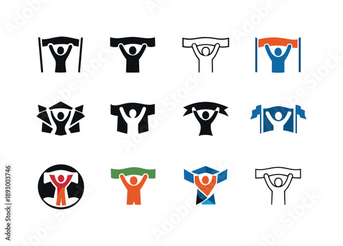 Challenge Icon Set. Overcoming challenge. Icon set. Set Logo of overcoming challenge: victorious pose at finish banner. harmonious logo variations of the same