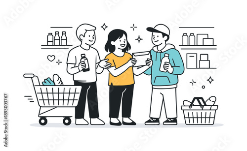 Friendly Shopping Scene. Shopping with friends. Small group comparing products and smiling, casual teamwork while choosing items, shelves and carts simplified
