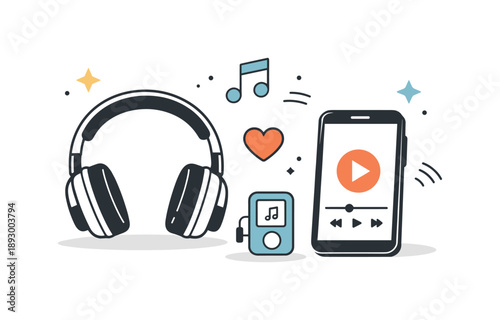 Portable Sound Harmony. Portable audio experience. Headphones, smartphone, and small music icons arranged in a balanced composition. Calm editorial