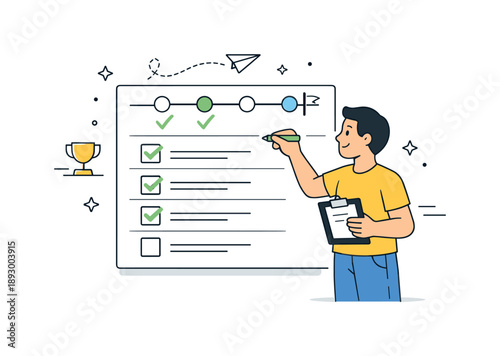 Task Milestone Tracker. Progress tracking illustration. Person checking off completed tasks or marking milestones on a wall board or calendar, symbolizing
