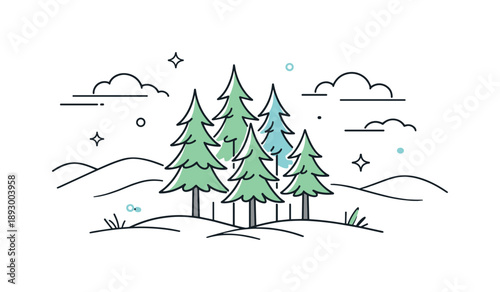 Forest Tranquility. Pine forest serenity. A group of pine trees arranged in a simple composition, gentle hills and abstract clouds in the background. Peaceful