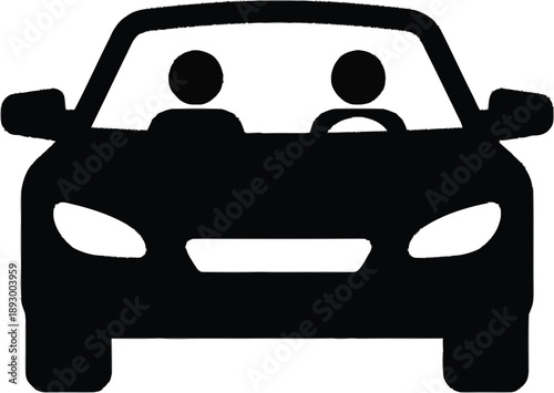 Front view car icon silhouette with two passengers inside vehicle for transportation travel and commute navigation sign