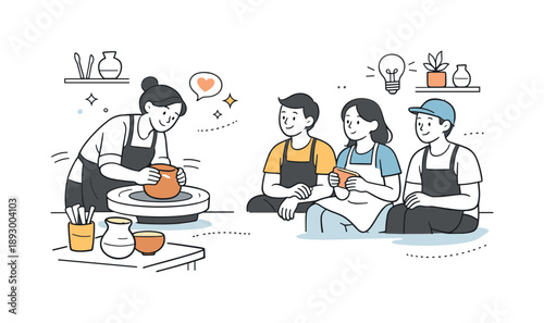 Pottery Class Dynamics. Pottery class learning. Instructor showing techniques while students watch attentively. Gentle guidance and skill development through