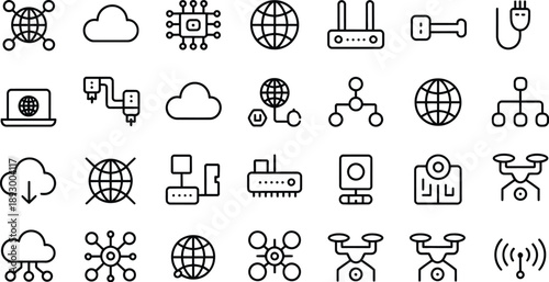 Network and internet icon set, collection of 30 outline linear vector symbols with editable stroke for web apps, digital technology interfaces, connectivity concepts, and modern UI design