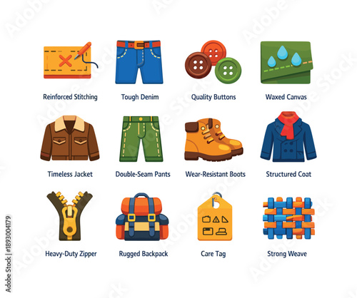 Durable Fashion Icons. DurableFashion. Colorful flat vector icons set of DurableFashion: reinforced stitching, tough denim, quality buttons, waxed canvas,