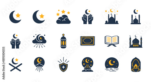 Collection of Islamic symbols and icons representing faith and spirituality in illustrations